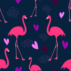 Seamless pattern with exotic pink flamingos on a dark blue background. Birds for printing on fabric, textiles, paper, bedding. Vector graphics.