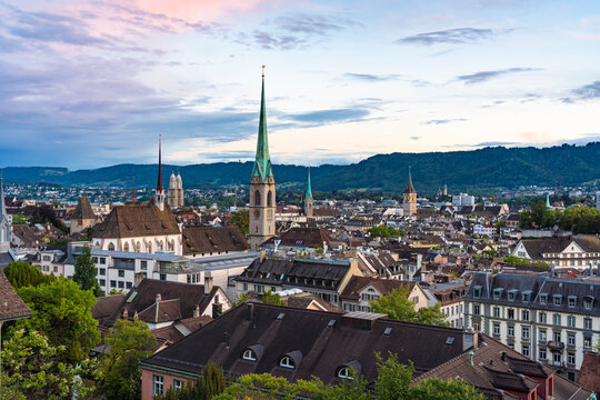 View of the skyline of Niederdorf old town by sunset in Zurich, Switzerland