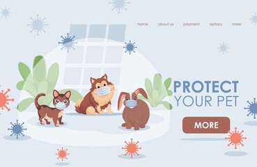Protect your pet vector flat landing page template with text space. Domestic pets, cat, dog, and rabbit in masks to protect against virus or coronavirus cells. Veterinary clinic web page concept.