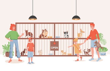 Pet shelter or animal shop vector flat illustration. Family choosing domestic pet to buy or shelter in family. Cute dogs, cats and rabbits in cages. Mother and father with children in pet store.