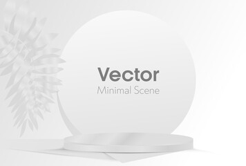 Background vector 3d silver rendering with podium and empty sheets scene with leaves. Minimal Stage for show product cosmetic