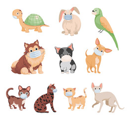 Set of cute little domestic pets in medical masks vector flat illustration isolated on white background. Dogs, cats, rabbit, parrot and turtles. Domestic animals concept for veterinary clinic.