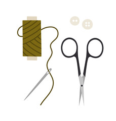 Vector illustration of supplies for sewing isolated on white background. Sewing scissors, needles, thread, and buttons. Hand-drawn set in flat style. Sewing hobby concept. 