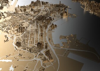 big golden city. illustration in casual graphic design. fragment of hong kong 3d render