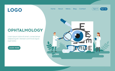 Ophthalmology Clinic Advertisement Concept Illustration In Cartoon Flat Style. Blue Background With Text. Internet Webpage Interface Layout With Doctors Characters In White Robes, Big Eye, Glasses