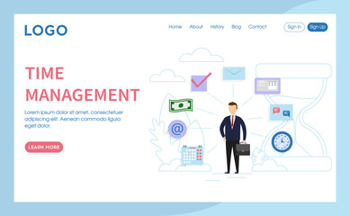 Conceptual Illustration Of Time Management Idea. Vector Composition In Flat Cartoon Style. Internet Website Layout With Writings And Buttons. Male Character In Suit, Business Infographic Signs Around