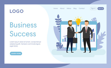 Vector Illustration. Cartoon Composition In Flat Style. Website Layout Design With Writings. Business Success Concept. Two Businessmen In Office Suits Shaking Hands, Telephones With Charts On Screen