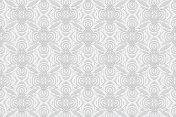 Geometric convex volumetric 3D texture from African, Mexican, Aztec patterns. Figurative white background. Ethnic embossed ornament for wallpaper, presentations.