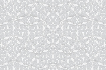 Geometric convex volumetric 3D texture. Curly white background for wallpaper. Ethnic relief ornament in folk style.