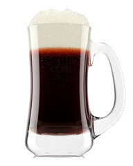 Frosty glass of fresh stout beer with bubble froth isolated on white background.