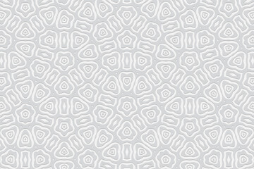 Geometric convex volumetric 3D texture. Figured white background with embossed ornament for design.