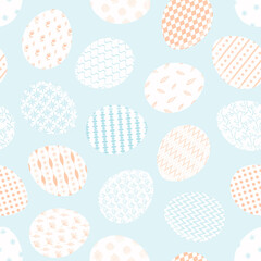 Tender blue and red Happy Easter seamless pattern with white decorating eggs. Light colors ornate eggs texture for Easters package, gift wrapping paper, textile, covers, background