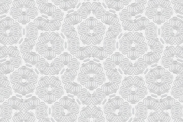Geometric unique convex volumetric 3D texture. Figured white background with a raised abstract ornament of ethnic elements and figures for presentations.