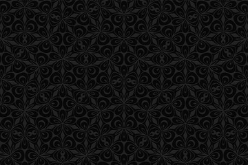 Geometric convex volumetric 3D texture. Curly black background with a relief original ornament of ethnic elements and figures for presentations, websites.