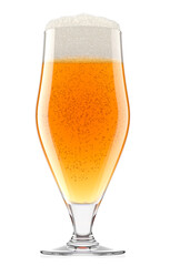 Frosty glass of fresh light beer with bubble froth isolated on white background.