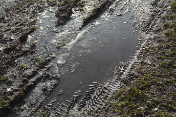 Muddy earth with grass in the thaw