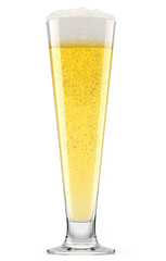 Frosty glass of fresh light beer with bubble froth isolated on white background.