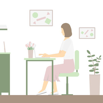 A girl with a laptop in the room. Flat illustration. Concept illustration.