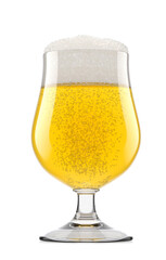 Frosty glass of fresh light beer with bubble froth isolated on white background.