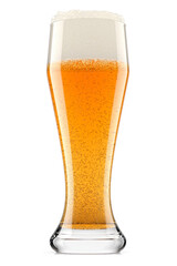 Frosty glass of fresh light beer with bubble froth isolated on white background.