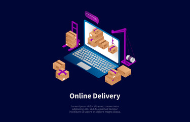 Isometric Composition, Cartoon 3D Style. Vector Illustration, Dark Background With Text And Elements. Online Delivery Concept Design. Laptop With Cardboard Parcel Boxes On Screen, Other Packages Near