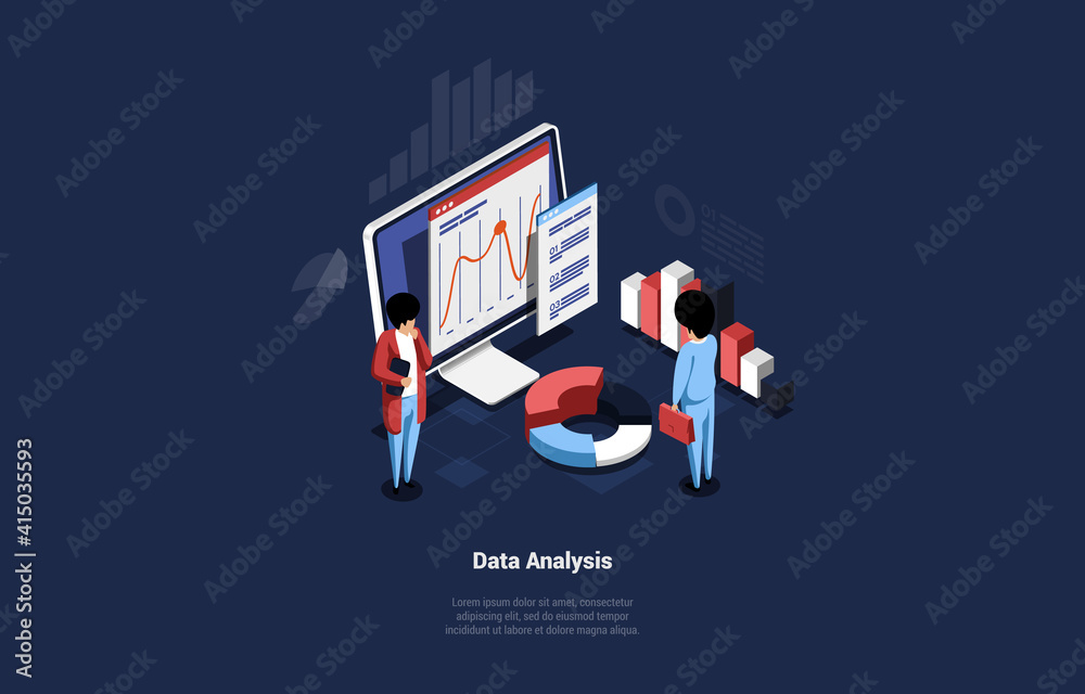 Poster isometric vector illustration in cartoon 3d style. composition with text and characters. concept des