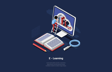 Illustration Of Internet Learning Concept. Vector Composition In Cartoon 3D Style. Isometric Design On Dark Background With Text. Male Character Climbing Ladder To Computer Screen With Cloud Books
