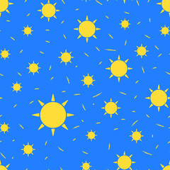 Fototapeta na wymiar Sun seamless pattern on blue background. Vector colorful texture. Weather forecast concept. World Earth day icon. Summer season.