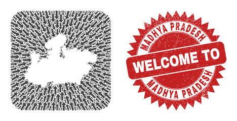 Vector collage Madhya Pradesh State map of moving arrows and scratched Welcome seal. Collage geographic Madhya Pradesh State map designed as carved shape from rounded square shape with moving arrows.