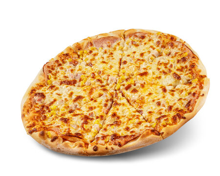 Pizza with cheese and tomato sauce isolated on white background. Deliciouse topping.
