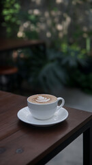 A cup of cappuccino coffee on a wooden table in an outdoor cafe, East Java