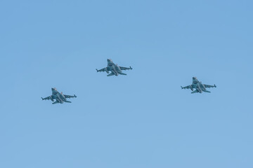 Three military aircraft. Independence Day in Israel, a national holiday. Israel Air Force show in the sky in Tel Aviv