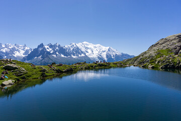 The landscape on mont blanc and mont blanc alps seen from "lac des cheserys" near chamonix, France - august 2020.