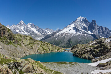 Fototapeta na wymiar the lac blanc (white lake) in the french alps of haute-savoie, near the village of Chamonix, Mont Blanc, France - August 2020.