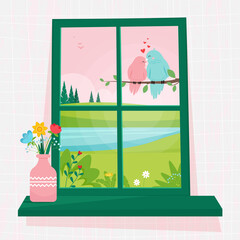 Spring window with view on couple birds on a branch, a vase of flowers on the windowsill. Cute cozy vector illustration in flat style