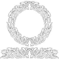 Line art decor with floral folk ornament in byzantine style hand drawn vector illustration
