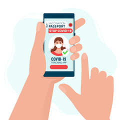 Covid-19 tracking app. Smartphone screen with information to vaccine from coronavirus. Safety travel concept.