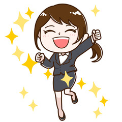 スーツで飛び跳ねて喜ぶ女性　キラキラ