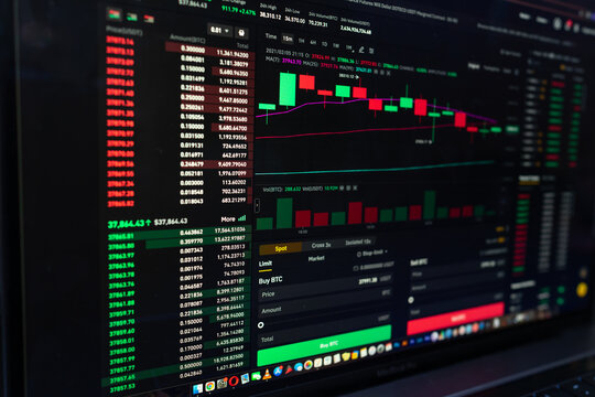 Crypto currency chart with values moving up and down, trading statistics and analytics on laptop screen | forex background | Binary options | Stock market