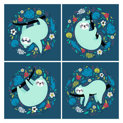 Cute Cartoon sloth. Sloth and leaves vector illustration. Set of animal in various tropical leaves and flowers. Cartoon animal for greeting card, poster, background, brochure, etc 