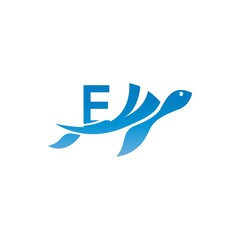 Sea turtle icon with letter E logo design illustration