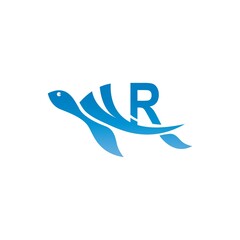 Sea turtle icon with letter R logo design illustration