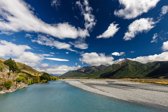 A view of the Waimakariri River at Mt White Bridge in the Arthurs Pass, Sothern Alps, South Island, New Zealand