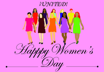 International women's day, pink background, different women, holding hands, united word, at the top, happy women's day text, at the bottom