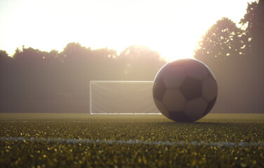 Soccer ball on the field with the sunset in the background. Depth of field with focus on the ball.