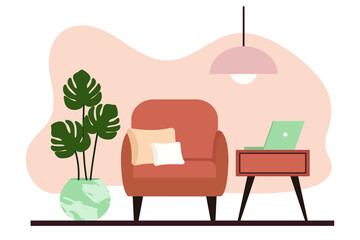 Stylish apartment interiors in Scandinavian style with modern decor. Cozy furnished living room. Cartoon flat vector illustration. Bright, stylish and comfortable furniture with indoor plants. 