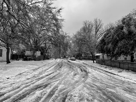 Snowy and icy roads, winter storm 2021, Austin, TX
