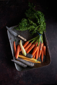 Top view of bunch of assorted colorful carrots with knife in metal box placed on black table