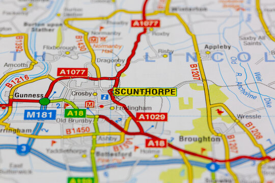 02-18-2021 Portsmouth, Hampshire, UK Scunthorpe and surrounding areas shown on a road map or geography map