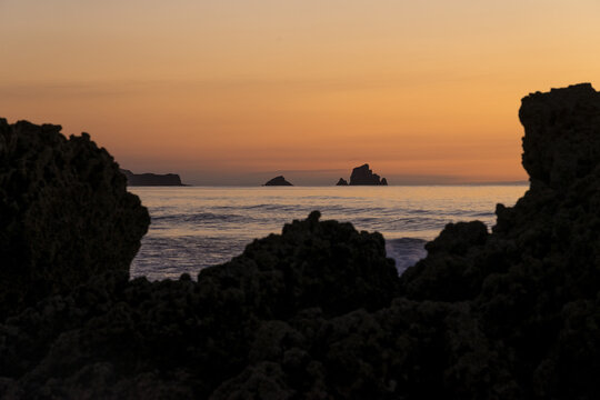 Liencres beach at sunset in a dreamy landscape in Cantabria, North of Spain.